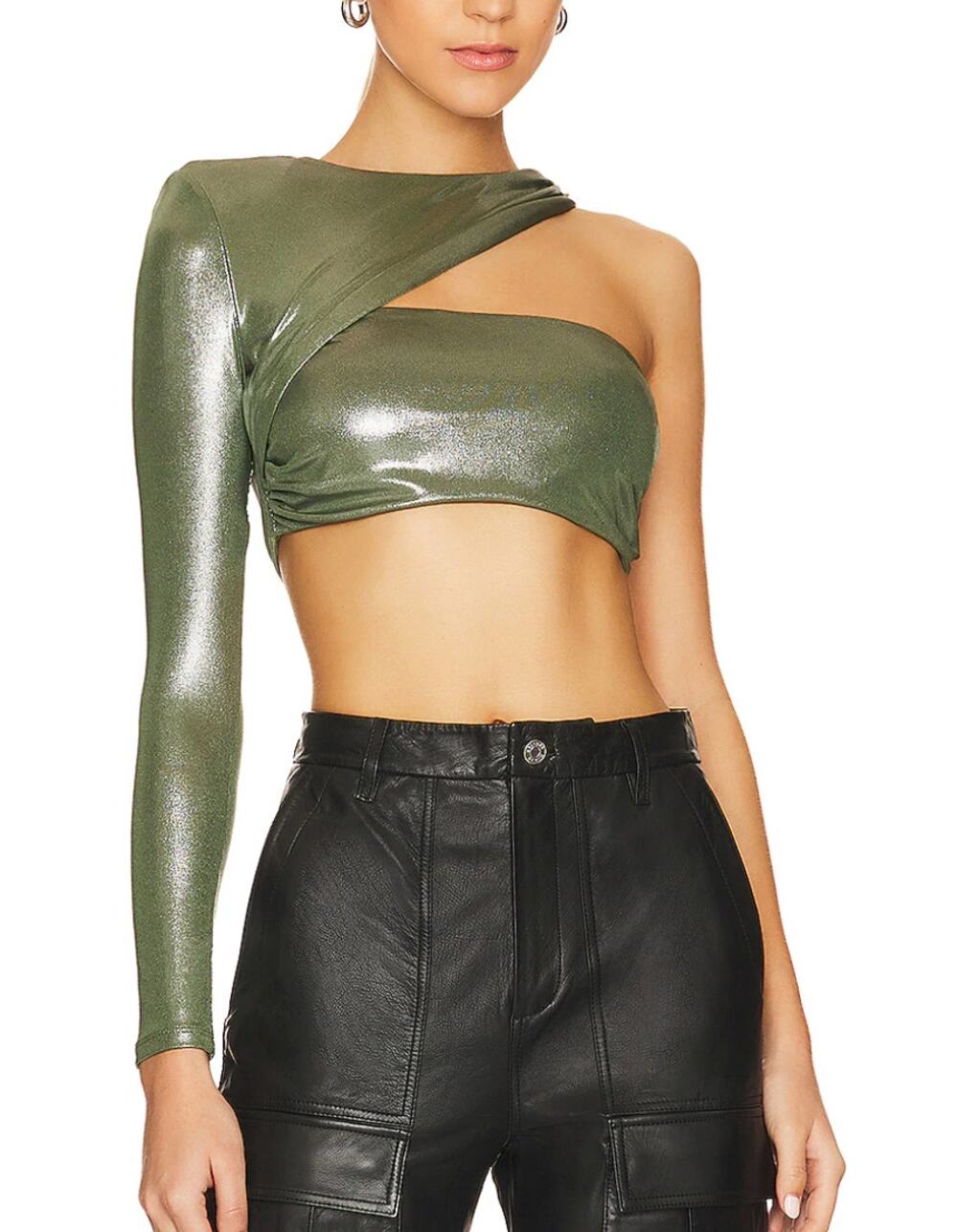 NBD Metallic Green One Shoulder Crop Top LARGE Asymmetric Club Rave Revolve $158